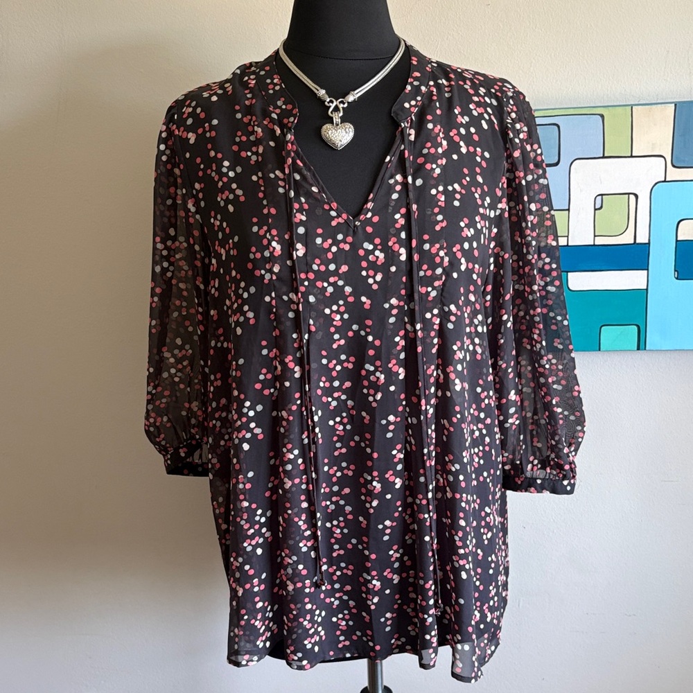 Daniel Rainn Black Sheer Blouse with Pink & White Dot Print